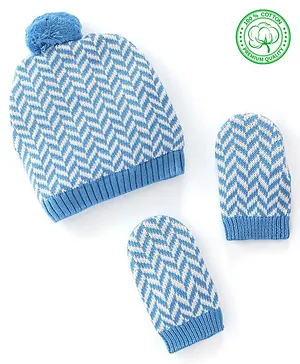Babyhug 100% Organic Cotton Knit Pom Pom Cap With Mitten Chevron Print - Blue