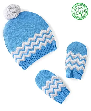 Babyhug Organic Cotton Knit Woollen Cap & Mittens Set Blue - Diameter 10.5 cm