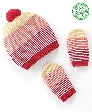 Babyhug 100% Organic Cotton Knit Striped Pom Pom Cap With Mitten - Red Peach & Yellow