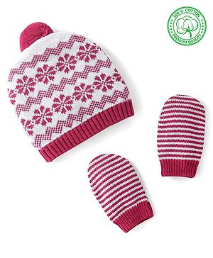 Babyhug Organic Cotton Knit Woollen Cap & Mittens Set Red - Diameter 10.5 cm