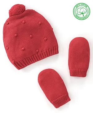 Babyhug 100% Organic Cotton Knit Pom Pom Cap With Mitten - Red