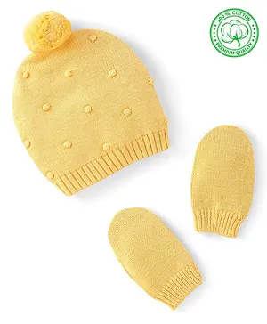 Babyhug Organic Cotton Knit Woollen Cap & Mittens Set Yellow - Diameter 10.5 cm