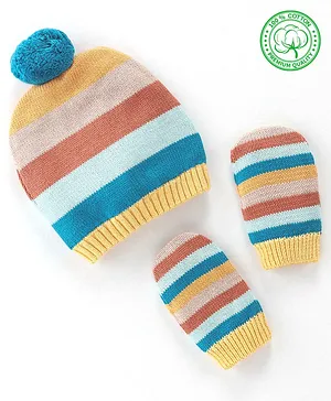 Babyhug 100% Organic Cotton Knit Striped Pom Pom Cap With Mitten - Blue Peach & Yellow