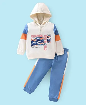 Babyhug Terry Knit Full Sleeves Hooded T-Shirt and Lounge Pant Set Text Print - Off White & Blue
