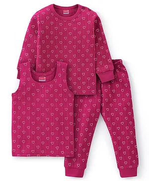 Babyhug Cotton Full Sleeves Vest Pullover & Bottom Thermal Wear Combo Heart Print Pack Of 3 - Purple