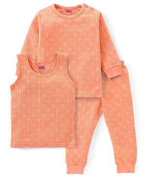 Babyhug Cotton Full Sleeves T-Shirt Sleeveless Vest and Leggings Thermal Wear Set Hearts Printed - Orange