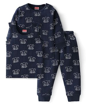 Babyhug Full Sleeves Elephant Print Thermal Vest  with Sando & Pajama - Navy Blue