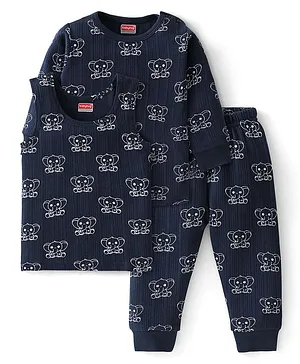 Babyhug Full Sleeves Elephant Print Thermal Vest  with Sando & Pajama - Navy Blue