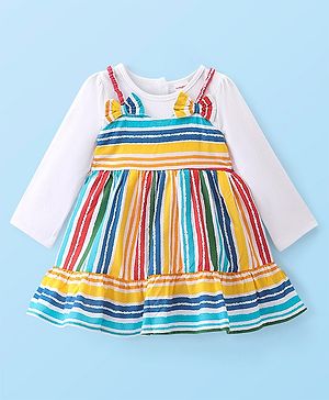 Babyhug Rayon Knit Frock With Full Sleeves Inner Tee Striped - Multicolour