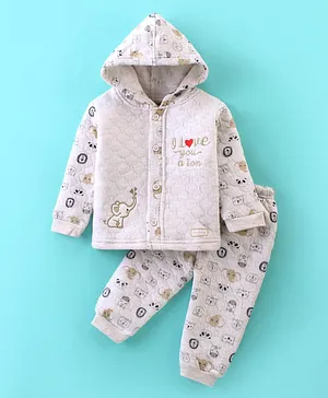 Little Darlings Full Sleeves Hooded Winter Night Suit Elephant Embroidery with Animals Print - Beige Melange