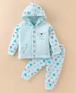 Little Darlings Full Sleeves Hooded Winter Night Suit Elephant Embroidery with Animals Print - Green Melange