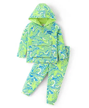 Babyhug 100% Cotton Knit Full Sleeves Hooded T-Shirt & Lounge Pant With Marble Print - Green & Blue