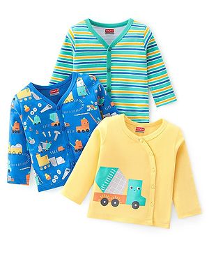 Babyhug 100% Cotton Full Sleeves Vests Stripes and Construction Print Pack of 3 - Blue Green and Yellow