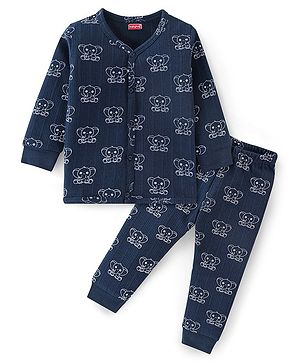 Babyhug Full Sleeves Thermal Inner Wear Set Elephant Print - Navy Blue