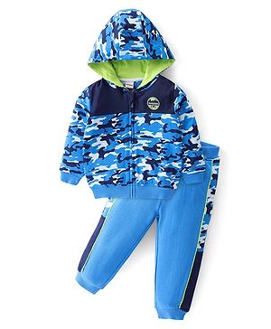 Babyhug Terry Cotton Knit Full Sleeves Hoodie & Lounge Pant Set with Camo Print - Blue