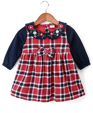 Babyhug Full Sleeves Cotton Woven Checked Frock with Bow Applique & Floral Embroidery - Red & Navy