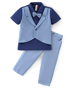 Babyhug Half Sleeves T-Shirt & Pant Set with Bow Applique & Waistcoat Detailing Solid Colour - Purple & Blue