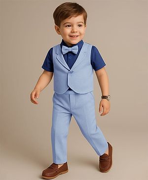 Babyhug Half Sleeves T-Shirt & Pant Set with Bow Applique & Waistcoat Detailing Solid Colour - Purple & Blue