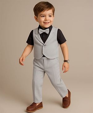 Babyhug Half Sleeves T-Shirt & Pant Set with Bow Applique & Waistcoat Detailing Solid Colour - Black & Grey