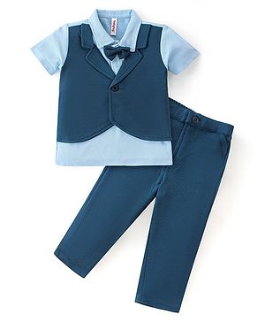 Babyhug Woven with Stretch Half Sleeves Three Pieces Party Suit with Bow -Navy Blue