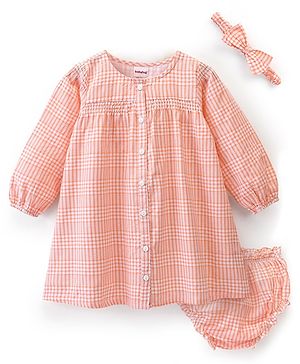 Babyhug Cotton Rayon Woven Full Sleeves Checked Frock with Bloomer and Headband - Peach