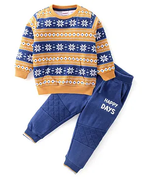 Babyhug 100% Cotton Knit Full Sleeves Snowflakes Printed Sweatshirt with Lounge Pant Set - Multicolour