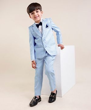Babyhug Woven Full Sleeves Textured Party Suit with Bow Tie - White & Blue