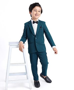 Babyhug Full Sleeves Three Piece Party Suit with Bow & Stretch - White & Teal Blue