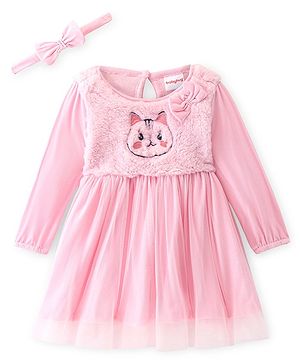 Bayhug Full Sleeve Frock with Hairband Mesh Yoke Dress Kitty Print & Bow Applique- Pink