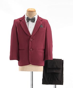 Babyhug Woven Full Sleeves Three Piece Solid Colour Party Suit with Bow - White & Red
