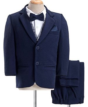 Babyhug Woven Full Sleeves 4 Piece Stretch Party Suit with Bow - White & Blue
