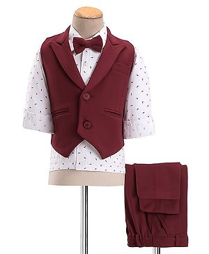 Babyhug Woven Full Sleeves Three Piece Solid Colour Party Suit with Bow - Dart Red