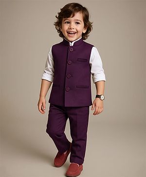 Babyhug Woven Full Sleeves Stretch Fit Party Suit With Waist Coat - White & Wine