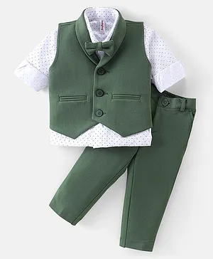 Babyhug Woven with Stretch Full Sleeves Three Pieces Party Suit with Bow - Green & White