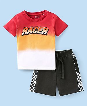 Babyhug 100% Cotton Single Jersey Half Sleeves T-Shirt & Shorts Set Racer Print - Red & Black
