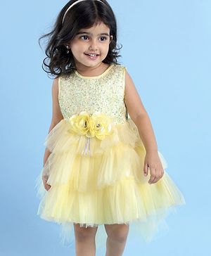 Babyhug Woven Sleeveless Mesh Layered Flare With Tail Party Frock - Yellow
