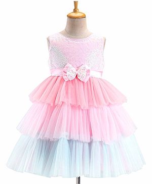 Babyhug Woven Sleeveless Party Frock With Mesh Layered Flare & Bow Applique - Pink