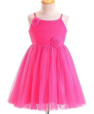 Babyhug Woven Sleeveless Mesh Party Frock With Floral Applique - Fuchsia