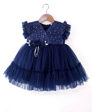 Babyhug Sleeveless Sequinned Yoke & Mesh Flared Party Frock - Navy Blue