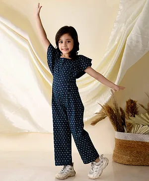 Giggling Giraffe  Butterfly Sleeves Fold Pleated Mofit Print Jumpsuit - Blue