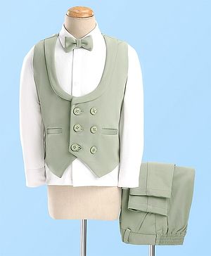 Babyhug Full Sleeves Stretch Three Piece Party Suit with Bow - Green