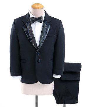 Babyhug Full Sleeves Stretch Three Piece Party Suit with Bow - Navy Blue