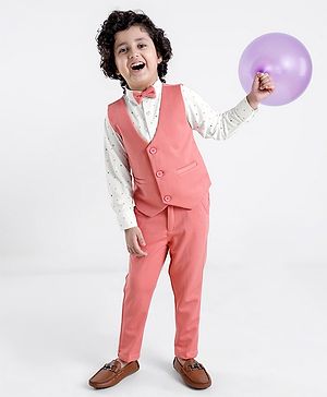 Babyhug Full Sleeves Three Piece Party Suit with Bow & Stretch - White & Pink