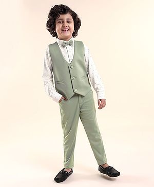 Babyhug Woven Full Sleeves Stretch Fit Party Suit With Waist Coat & Bow - Green & White