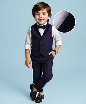 Babyhug Full Sleeves Party Suit Sheen Texture with Bow - White & Navy Blue