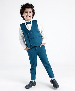 Babyhug Full Sleeves Three Piece Premium Party Suit with Bow  - White & Royal Blue