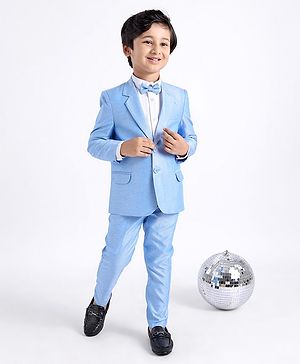 Babyhug Full Sleeves 3 Piece Stretch Party Suit with Bow - Light Blue