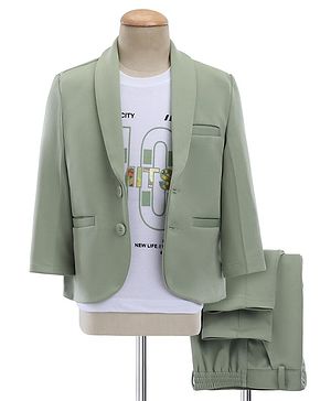 Babyhug Woven Full Sleeves Stretch Party Suit & T-Shirt With Text Print - Green