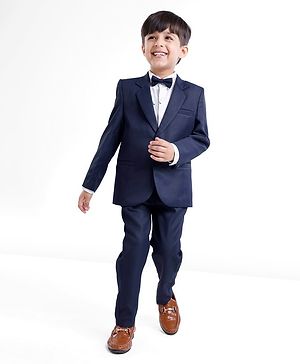 Babyhug Full Sleeves Party Suit with Stretch & Bow - White & Navy Blue