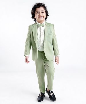 Babyhug Full Sleeves Three Piece Party Suit with Bow & Stretch - White & Green